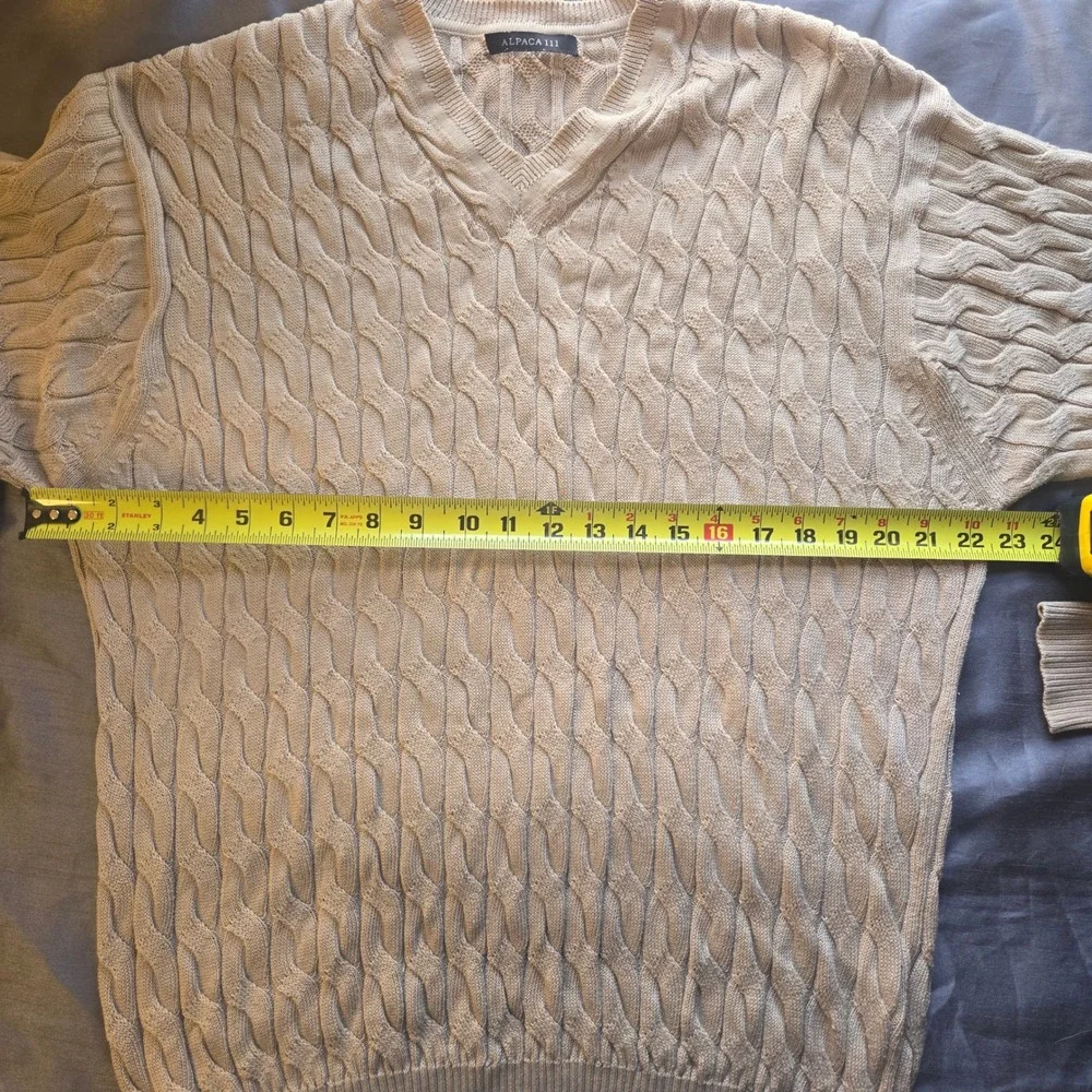 Alpaca Ill  Tan Cable Knit V Neck Sweater Size L‎ 100% Mercerized Pima Cotton